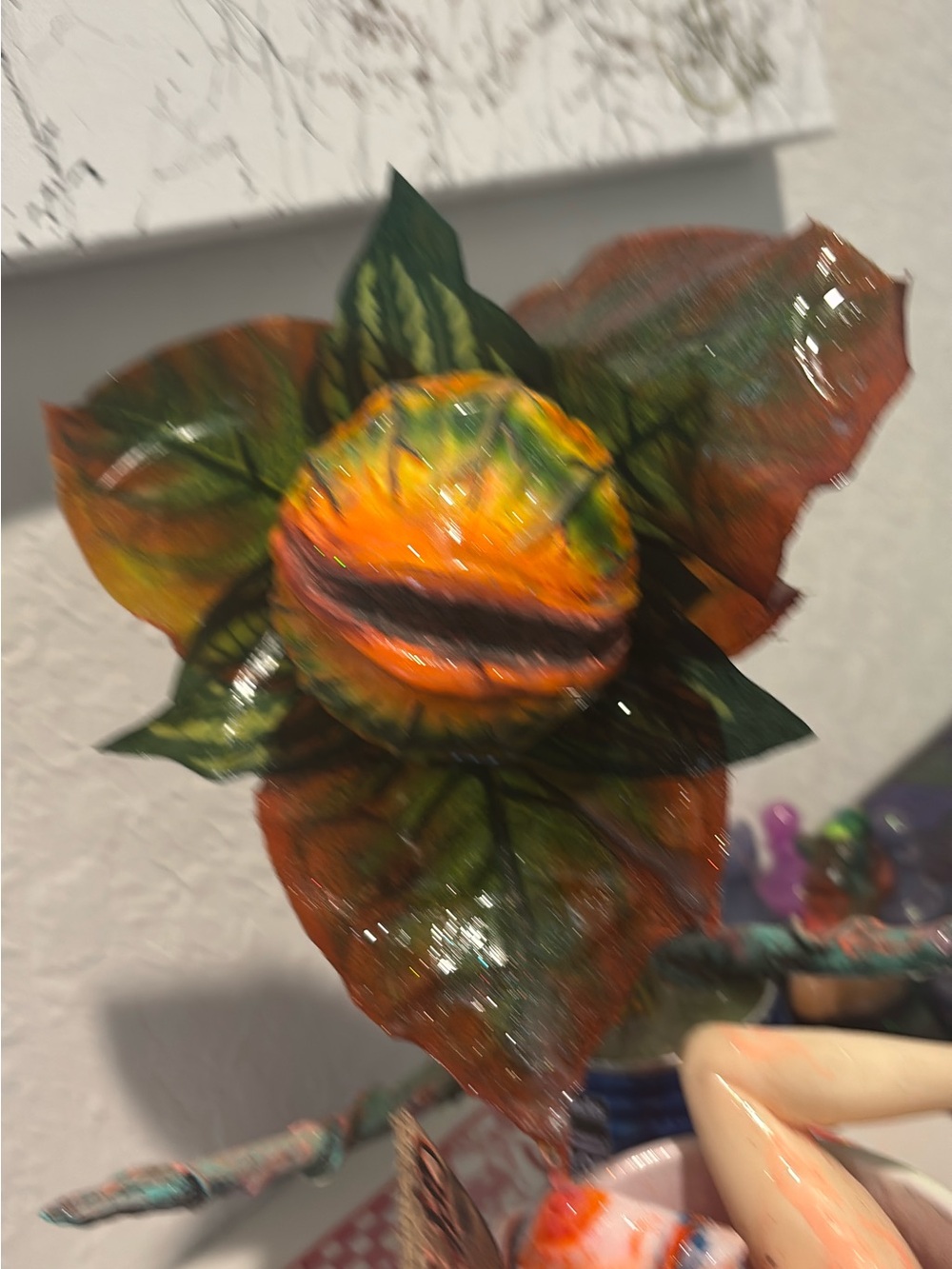 Handcrafted Orange Decorative Flower Accent - Vibrant Orange & Green. Audrey - Picture 2 of 4